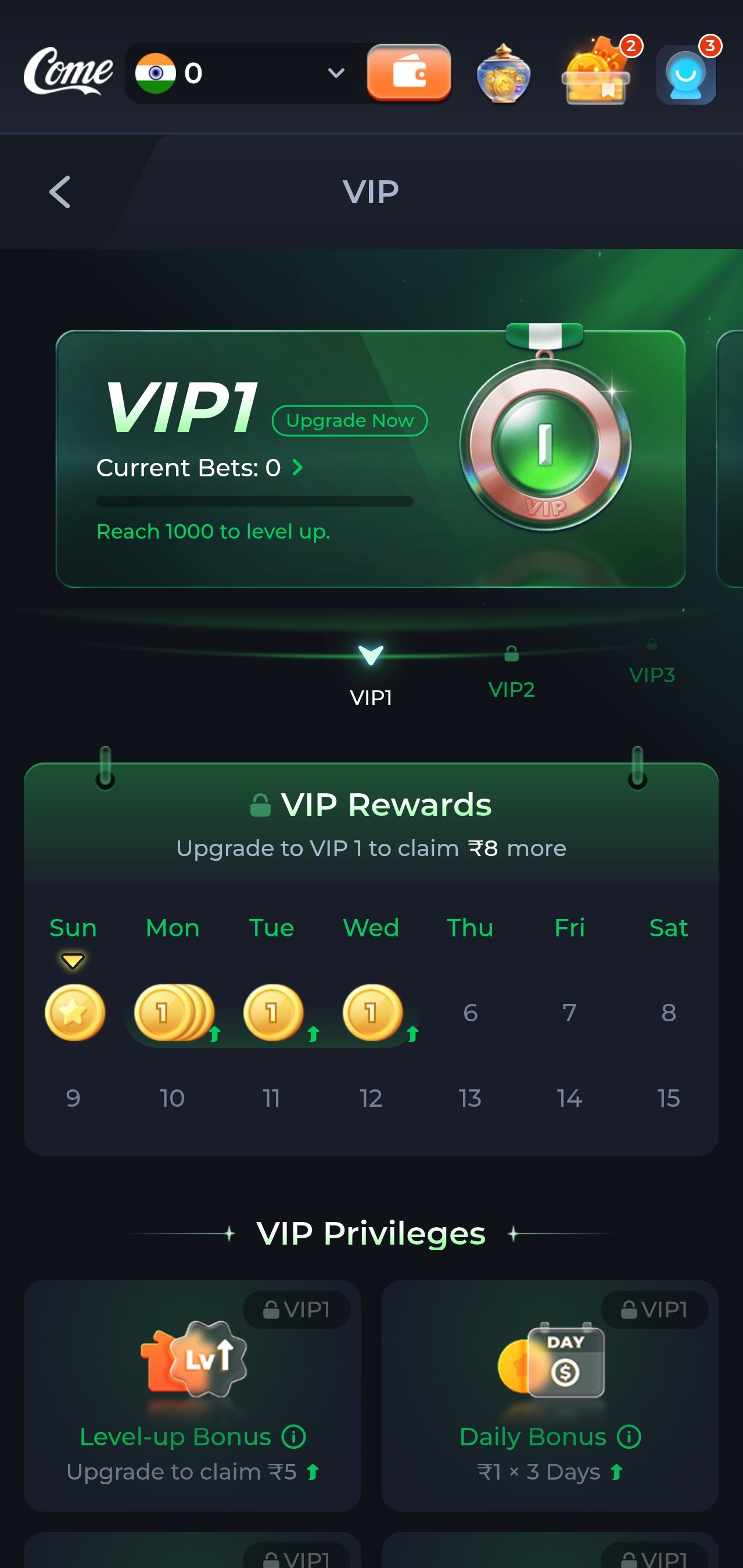 Comegame app VIP club screen with tier progress, weekly rewards calendar and privileges