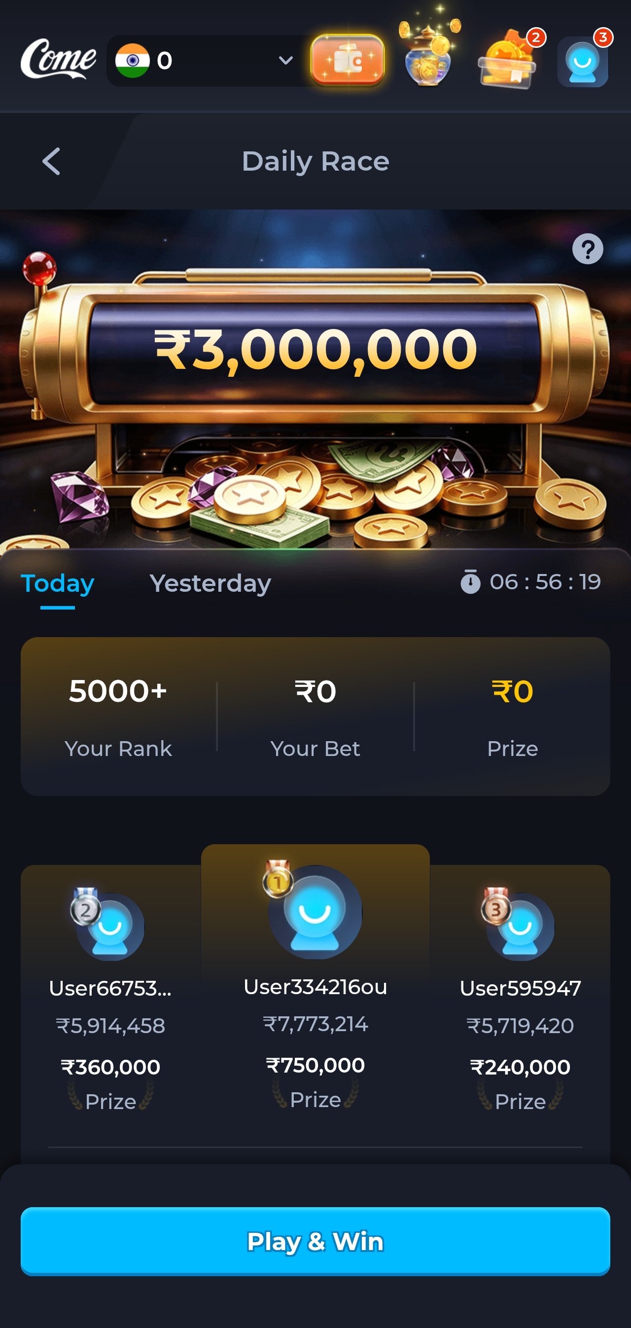 Comegame app Daily Race leaderboard with prize pool and player rankings