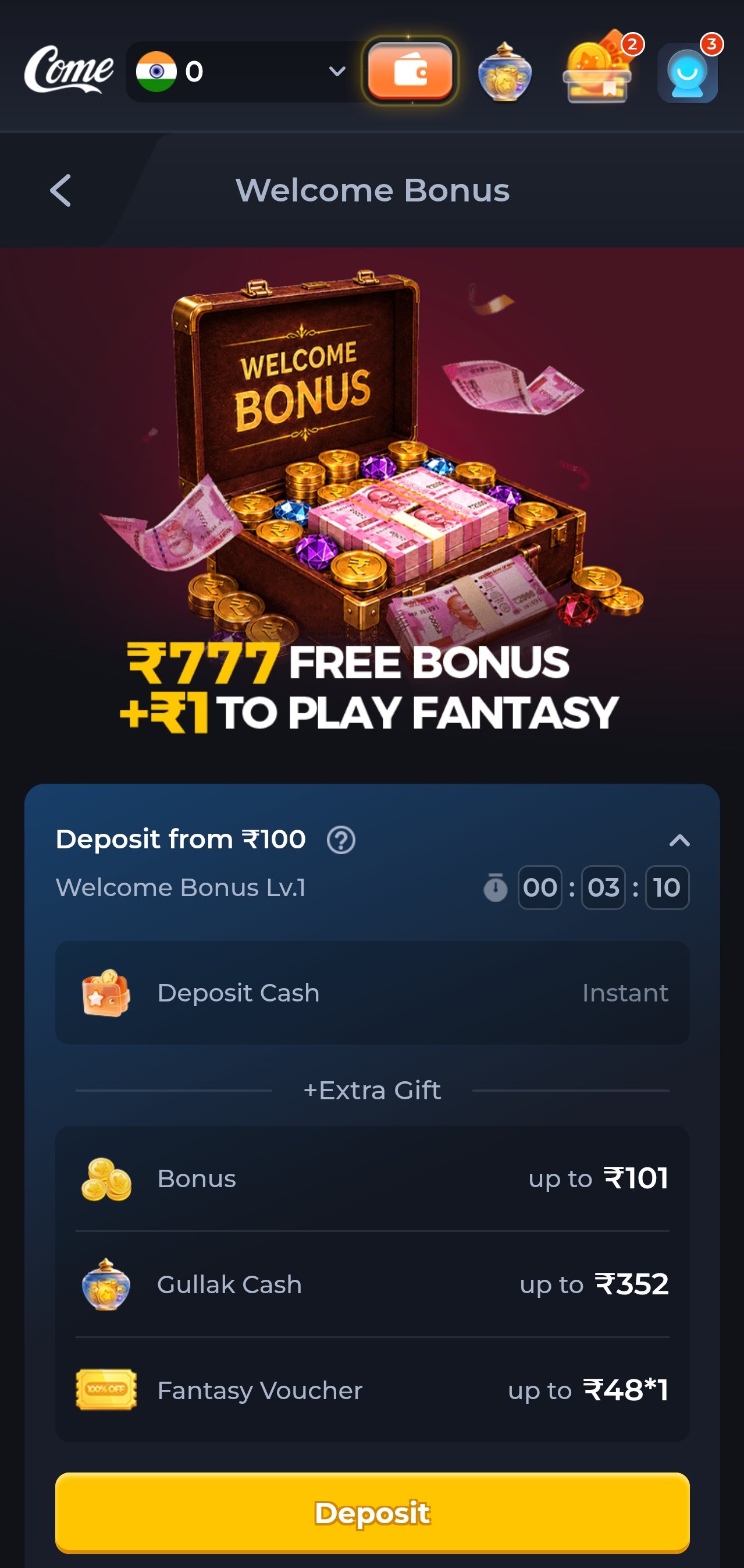 Comegame app welcome bonus screen showing the new-member reward package
