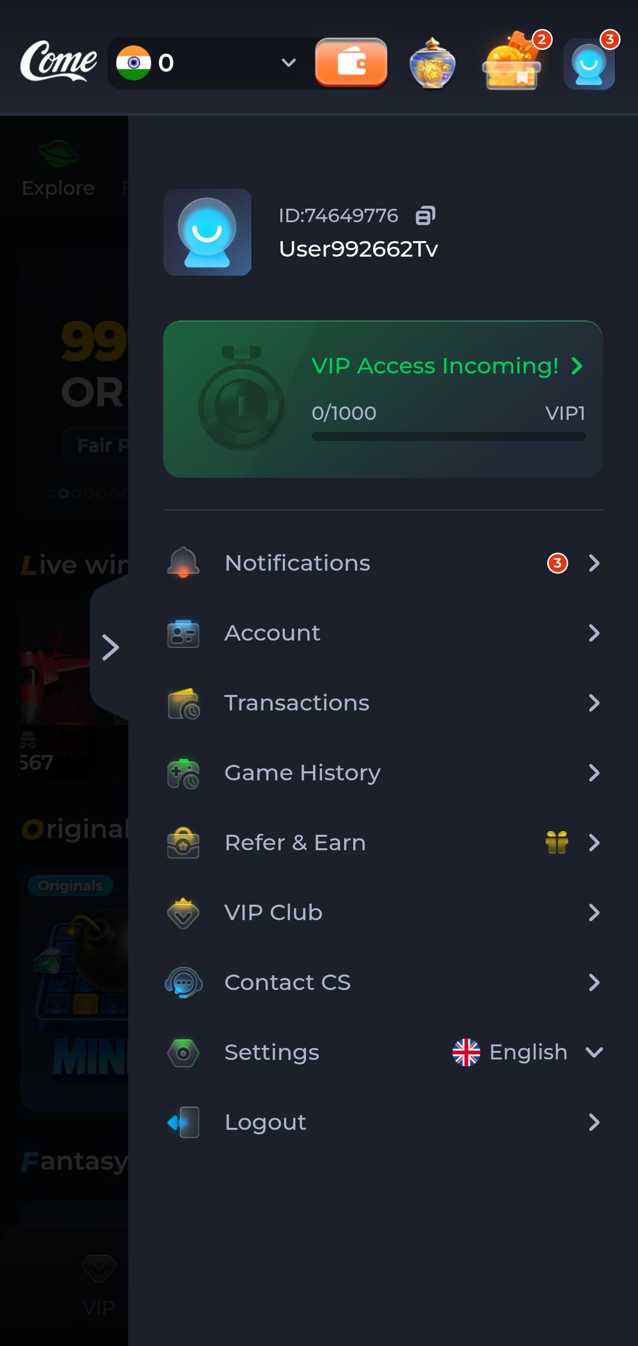 Comegame app account menu with notifications, transactions, game history and support